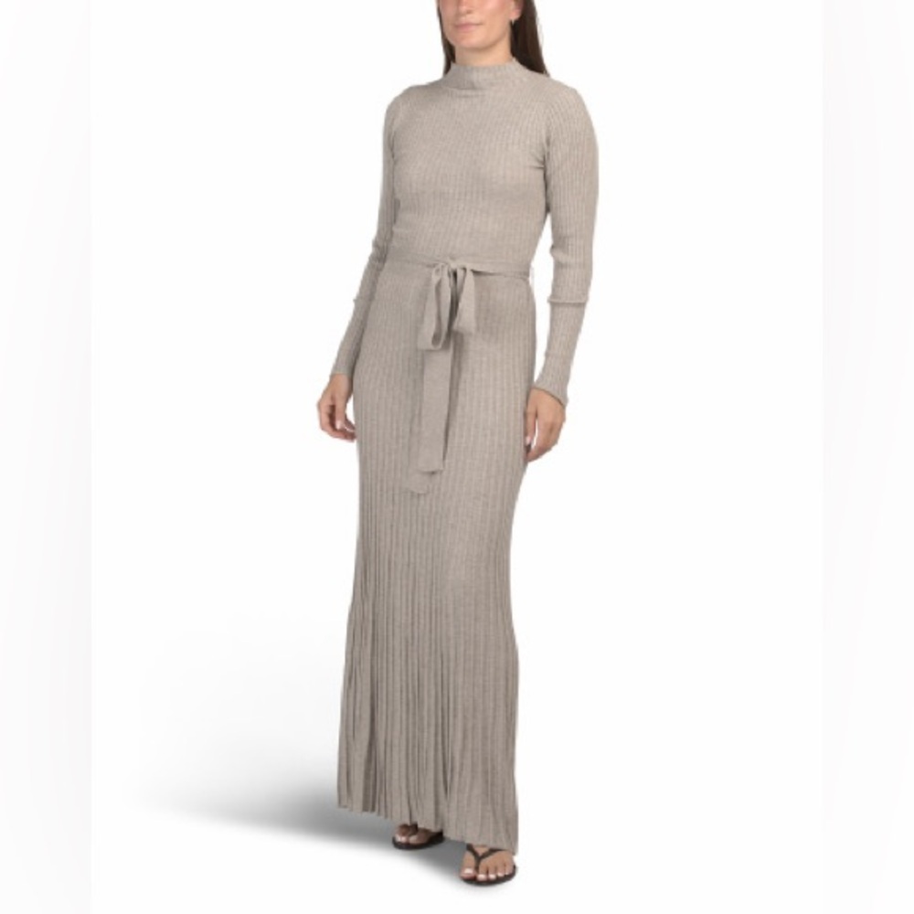 Taylor pleated mock neck belted ribbed sweater dress